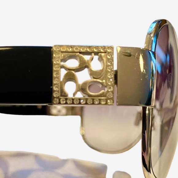 COACH Aviator Shield Sunglasses NWOT in Black & Silver w/Rhinestone Logo Detail - Picture 11 of 14